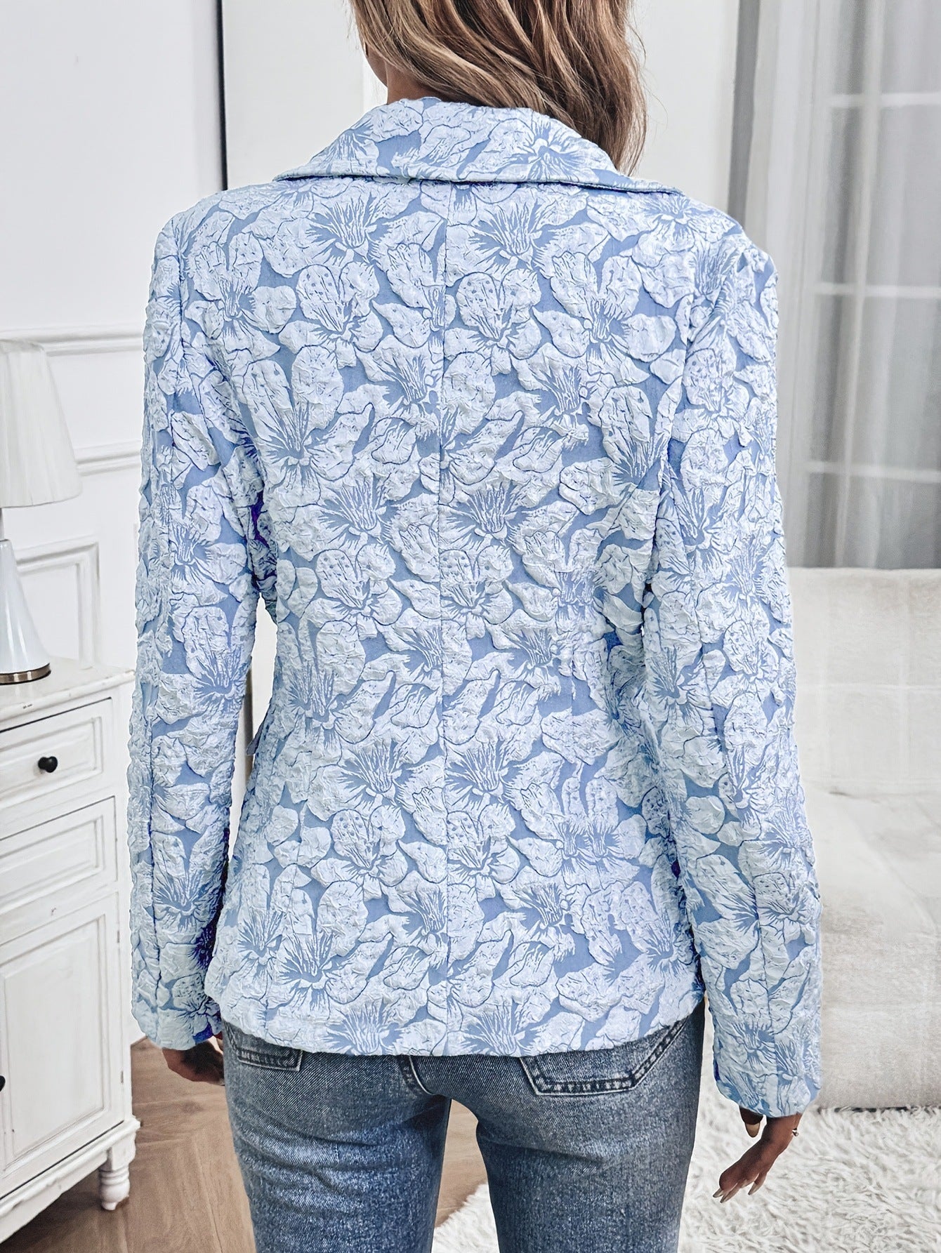 Sky blue chenille blazer with embossed floral texture and princess sleeves by Alabaster