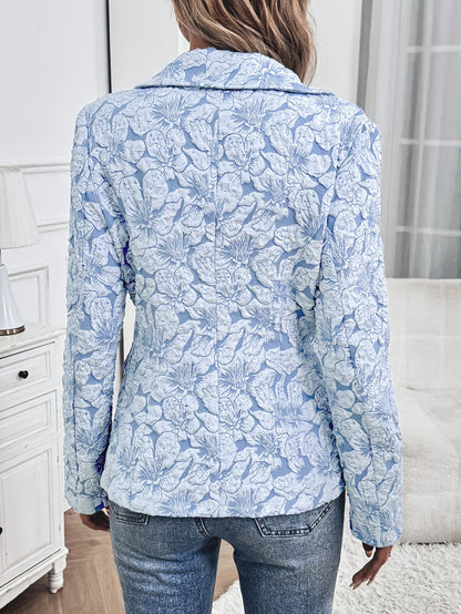 Sky blue chenille blazer with embossed floral texture and princess sleeves by Alabaster