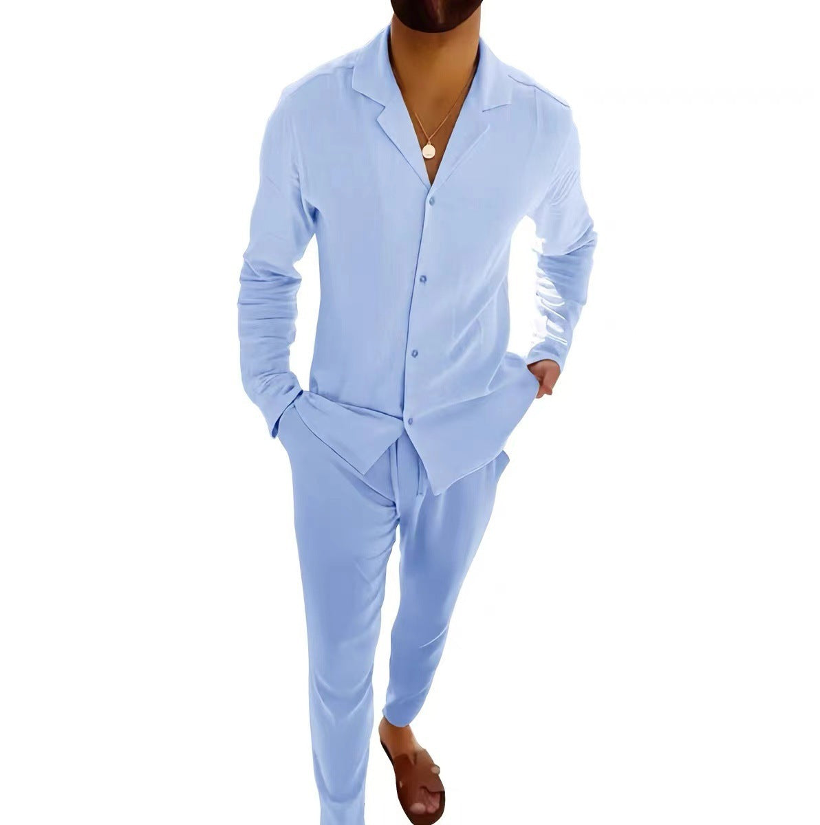 Beige cotton long sleeve lapel shirt paired with slim fit pants, ideal for autumn business-casual wear by My Store.