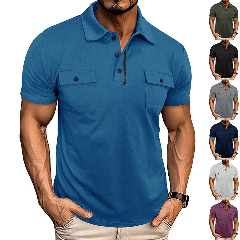 Summer Lapel Button Polo Shirt with Pockets