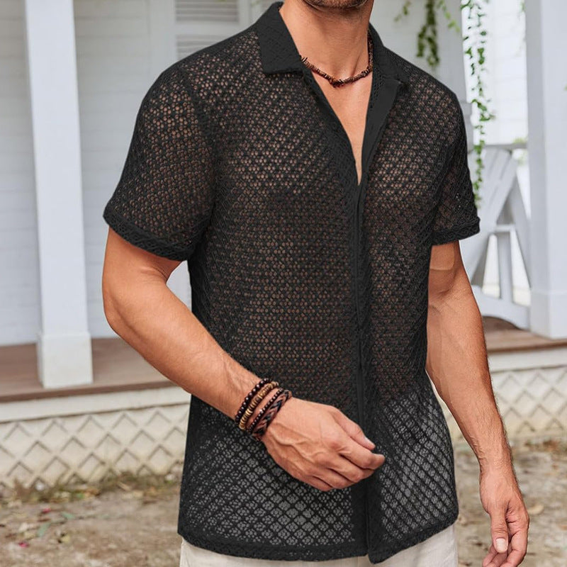 Summer Mesh Lapel Short Sleeve Shirt