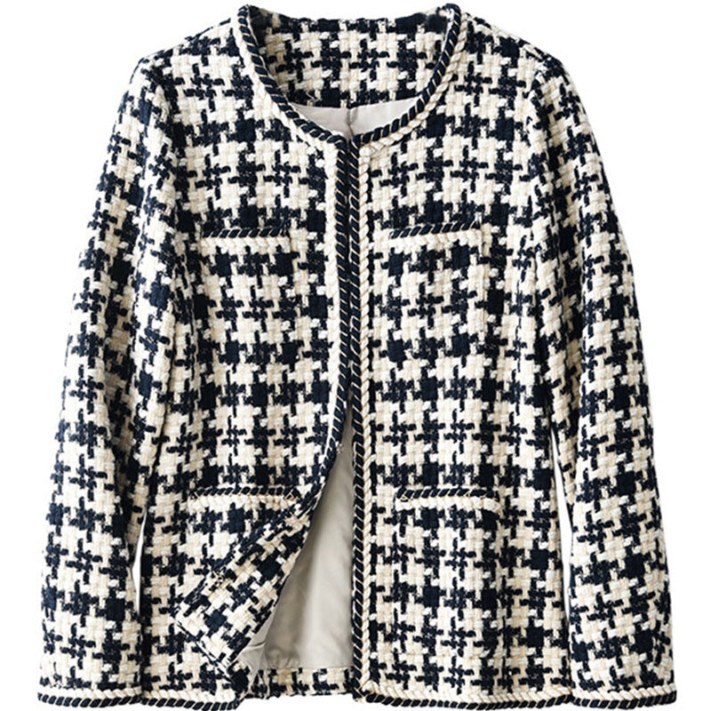 Navy houndstooth tweed blazer jacket with round neck and open front by Alabaster