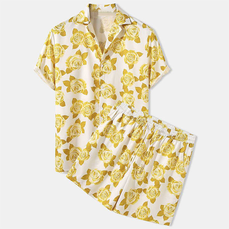 Men's Tropical Palm Print Shirt Shorts Set - Beach Summer Outfit