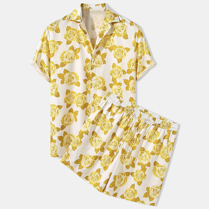 Men's Tropical Palm Print Shirt Shorts Set - Beach Summer Outfit