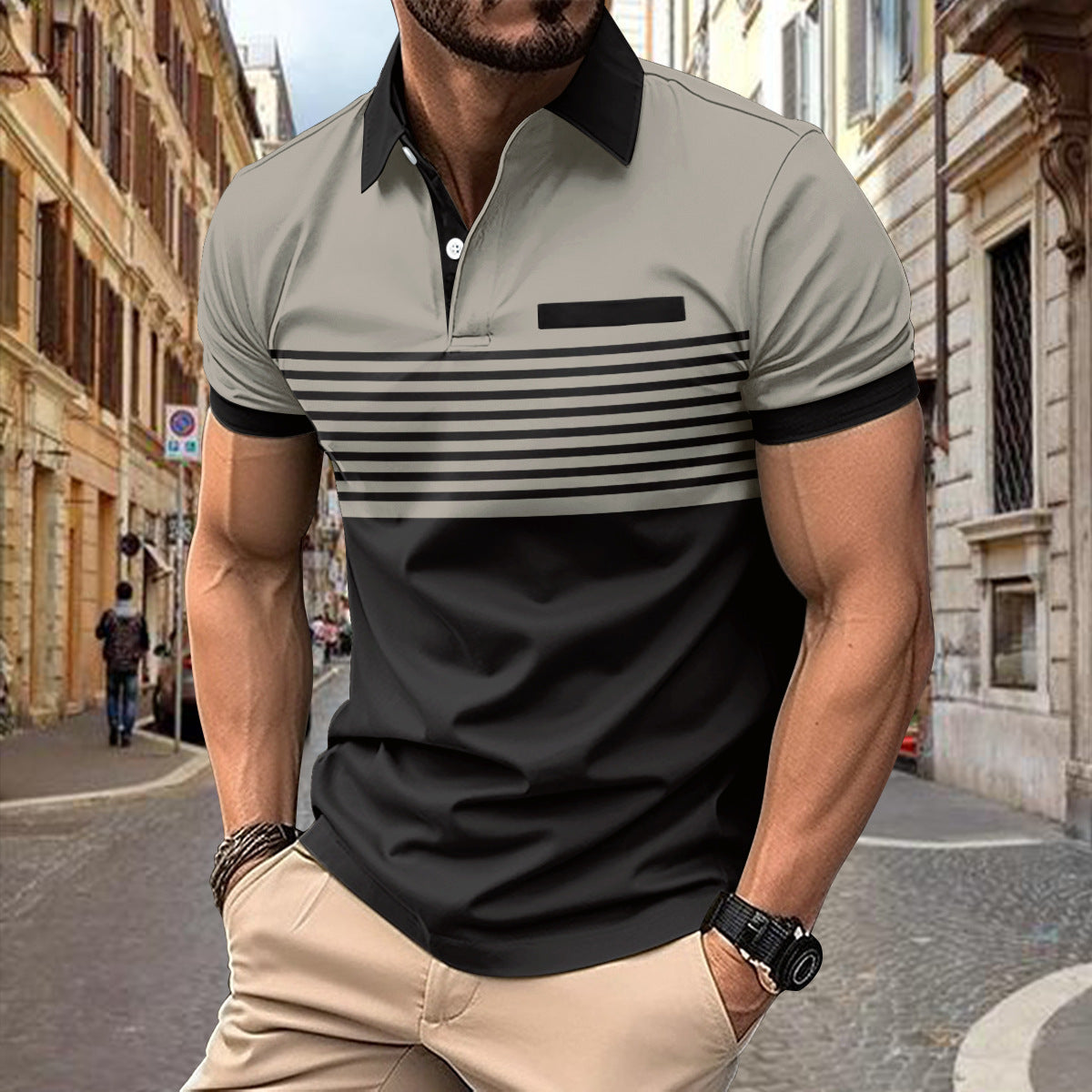 Men's Striped Polo Shirt with Chest Pocket - Cotton Blend