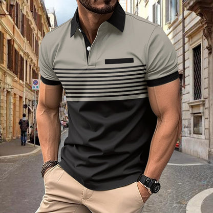 Men's Striped Polo Shirt with Chest Pocket - Cotton Blend