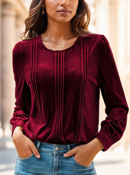 Red velvet long sleeve blouse by Alabaster, elegant and chic for dressy occasions.