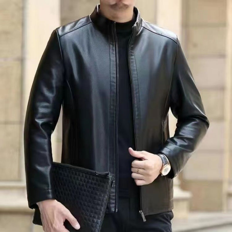 Men's black genuine horse leather stand collar jacket by My Store, featuring a sleek design and extra lining.