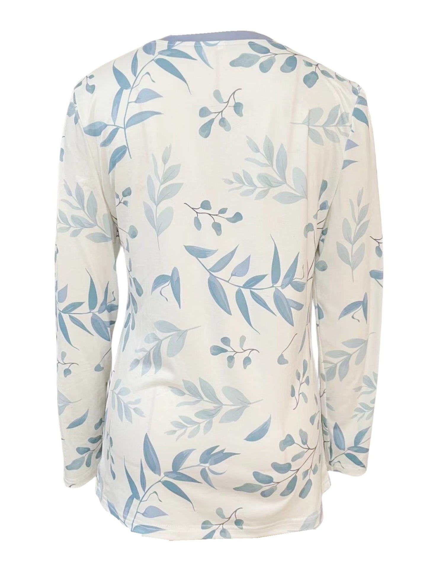 Blue and white botanical leaf print long sleeve tee with button front by Alabaster