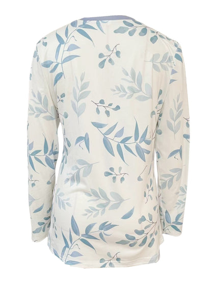 Blue and white botanical leaf print long sleeve tee with button front by Alabaster