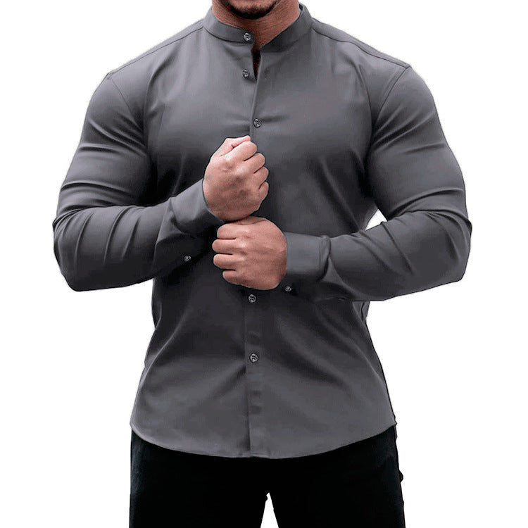 White slim fit polyester long sleeve mandarin collar shirt for men by My Store