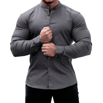White slim fit polyester long sleeve mandarin collar shirt for men by My Store