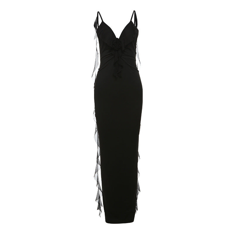 Black elegant suspender dress by Alabaster, curve-hugging design, perfect for cocktail parties and date nights.
