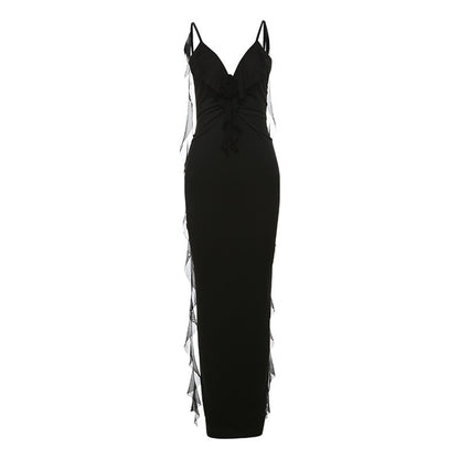 Black elegant suspender dress by Alabaster, curve-hugging design, perfect for cocktail parties and date nights.