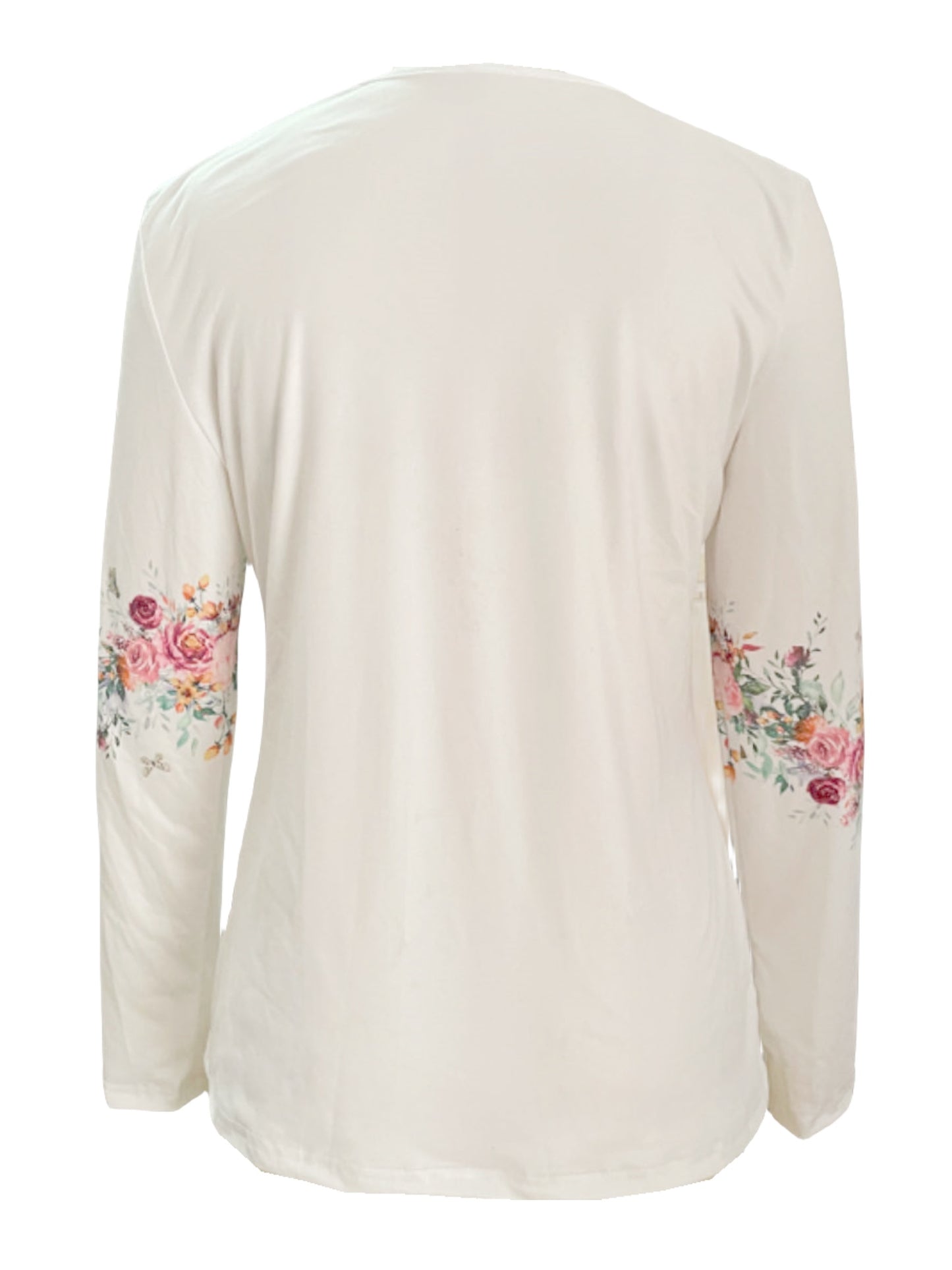 White long sleeve tee with button detail and chest rose print by Alabaster, perfect for autumn casual wear.