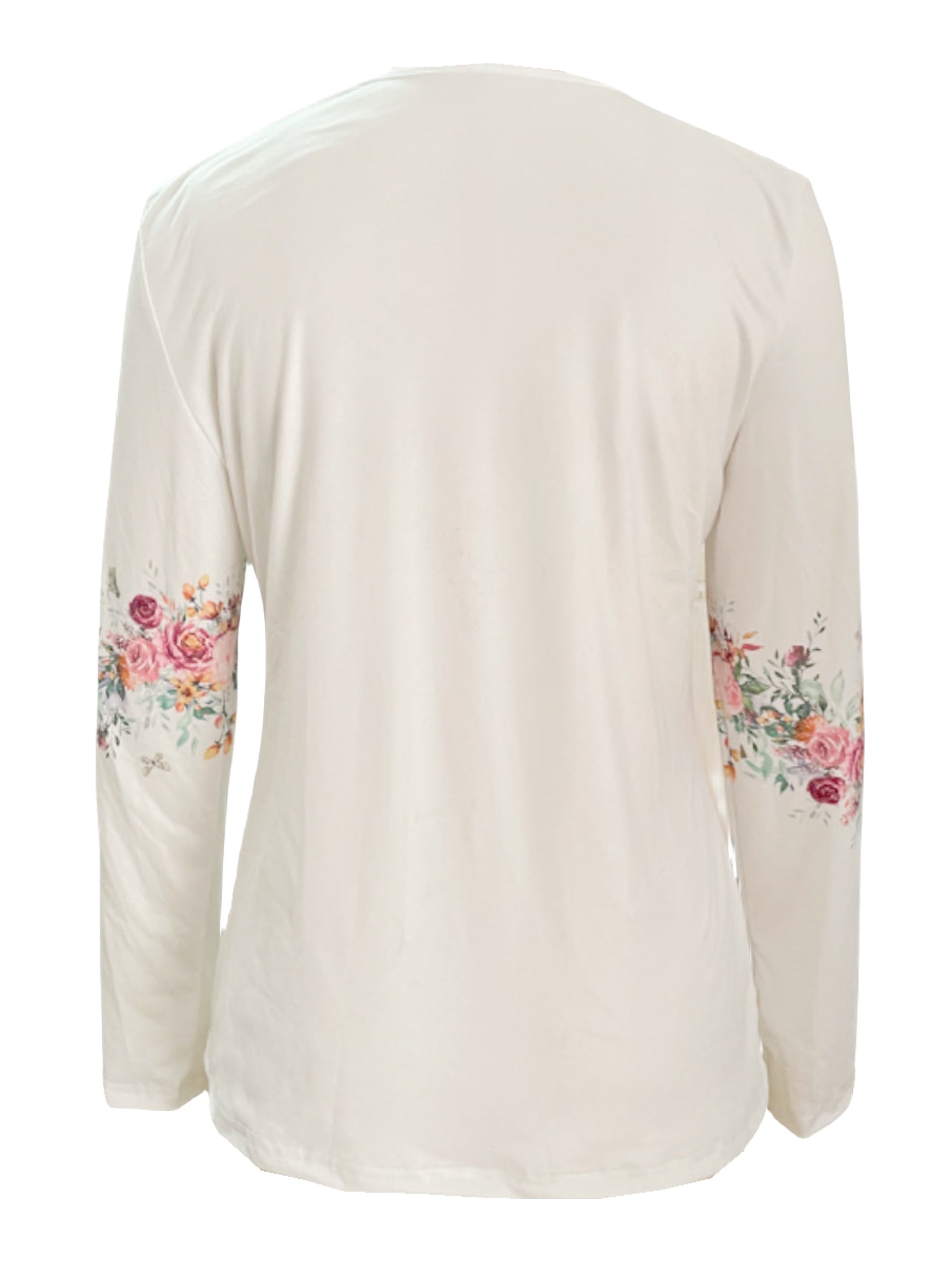 White long sleeve tee with button detail and chest rose print by Alabaster, perfect for autumn casual wear.
