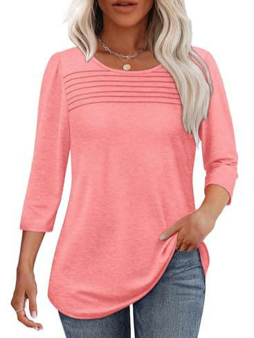 Sky blue soft pleated 3/4 sleeve top in polyester blend by Alabaster, featuring a round neck pullover design.