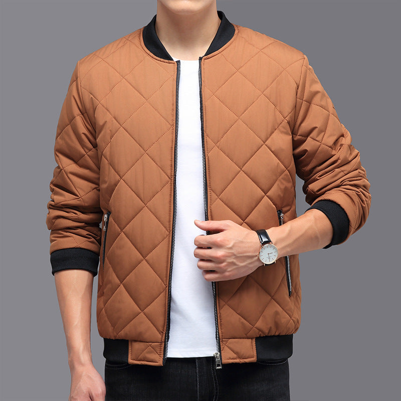 Khaki thickened quilted winter bomber jacket with velvet lining, casual baseball style by My Store