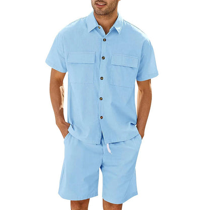 Summer Two-Piece Suit for Men – Short Sleeve Shirt & Drawstring Shorts