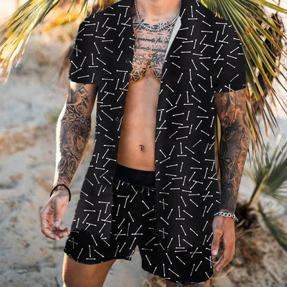 Men's pink tropical palm print button-down shirt and shorts set by My Store, perfect for beach summer wear.