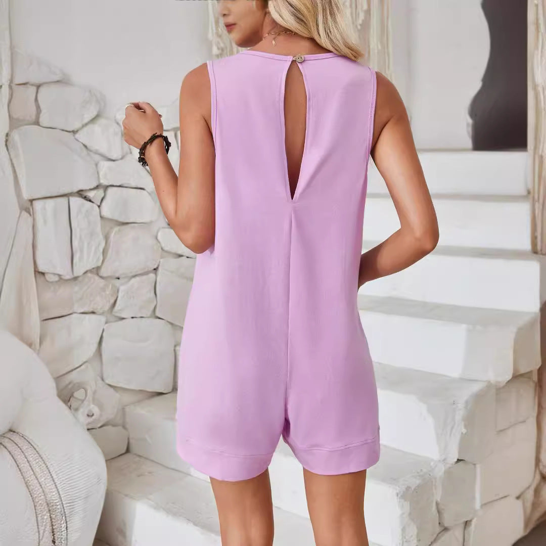 Cotton Sleeveless Pocket Jumpsuit - Loose Fit Wide Waist Romper