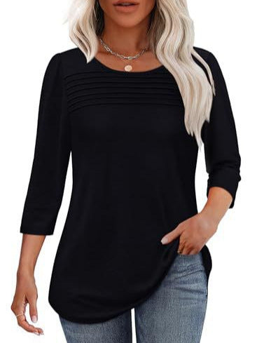 Sky blue soft pleated 3/4 sleeve top in polyester blend by Alabaster, round neck pullover style.