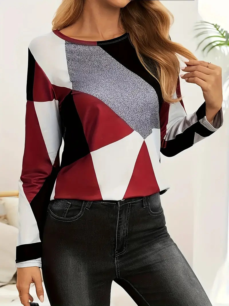 Red, white, and charcoal colorblock long sleeve tee by Alabaster in breathable fabric
