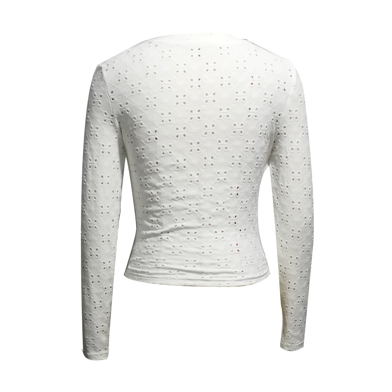White polyester long sleeve top with eyelet cutouts and V-neck, by Alabaster, featuring an asymmetrical hem.