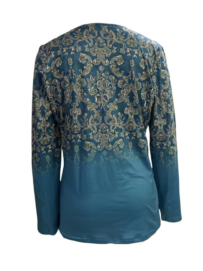 Women's Boho Vintage Print Long Sleeve Tee - Teal V-Neck Top