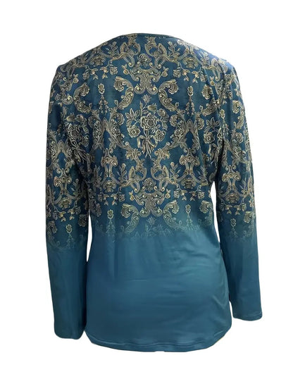 Women's Boho Vintage Print Long Sleeve Tee - Teal V-Neck Top