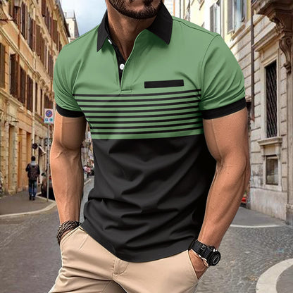 Men's Striped Polo Shirt with Chest Pocket - Cotton Blend