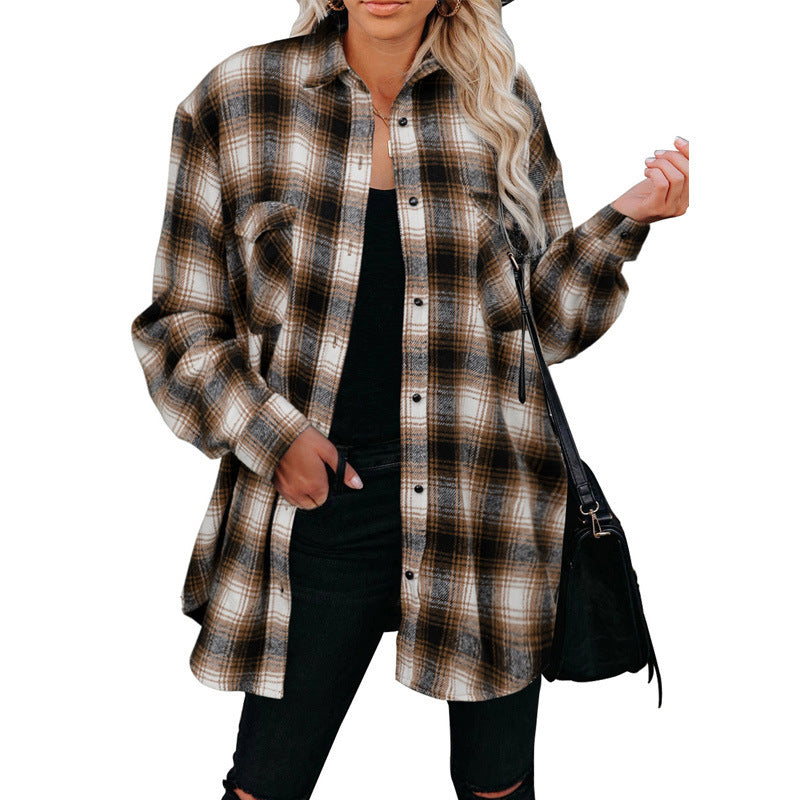 Plaid mid-length shirt jacket in black by Alabaster, perfect for casual fall layering.