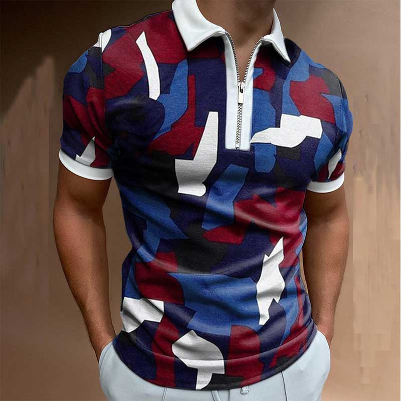 Men's My Store polo shirt in red, white, and blue with abstract geometric designs, available in sizes M, L, XL