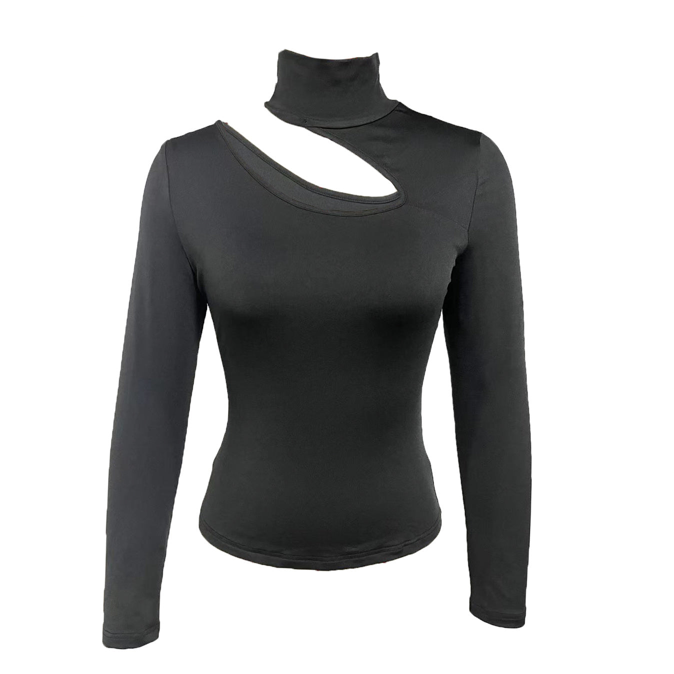 Black slim fit long sleeve turtleneck top with asymmetrical cutout by Alabaster
