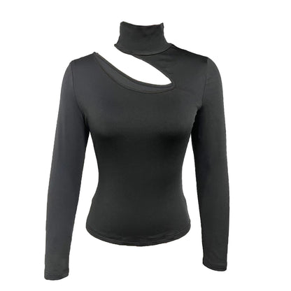 Black slim fit long sleeve turtleneck top with asymmetrical cutout by Alabaster