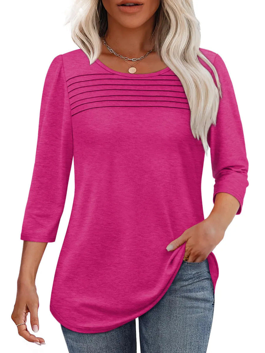 Sky blue soft pleated 3/4 sleeve top in polyester blend by Alabaster