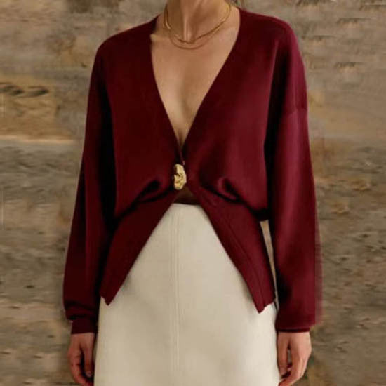 Deep V Button Cardigan - Polyester Knit Statement Sweater