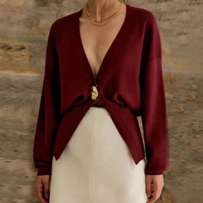 Deep V Button Cardigan - Polyester Knit Statement Sweater