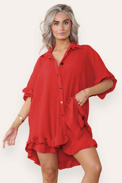Women’s Ruffle Co-Ord Set – Oversized Button Shirt & Shorts