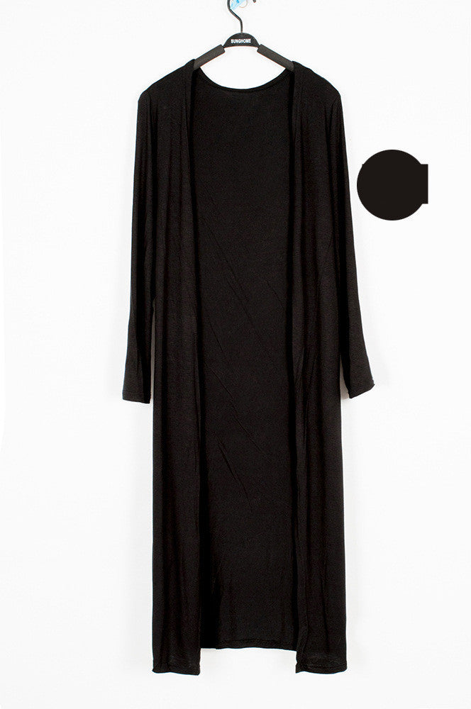 Lightweight black modal drape cardigan with open front and long sleeves, by Alabaster, one size fits all.