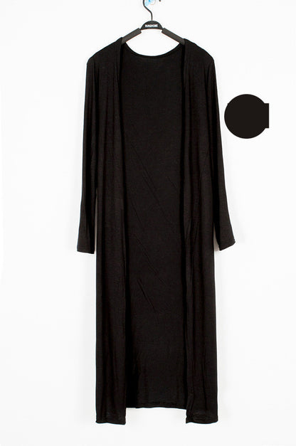 Lightweight black modal drape cardigan with open front and long sleeves, by Alabaster, one size fits all.