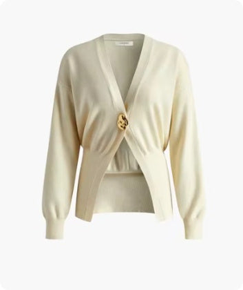 Deep V Button Cardigan - Polyester Knit Statement Sweater