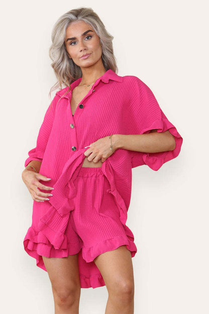 Women’s Ruffle Co-Ord Set – Oversized Button Shirt & Shorts