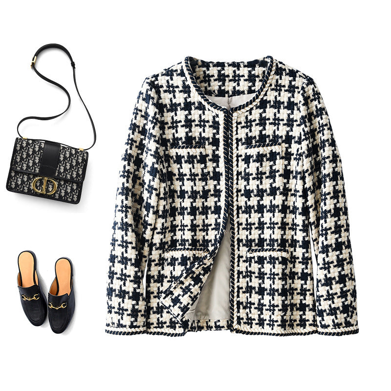 Navy houndstooth tweed blazer jacket with round neck and open front by Alabaster