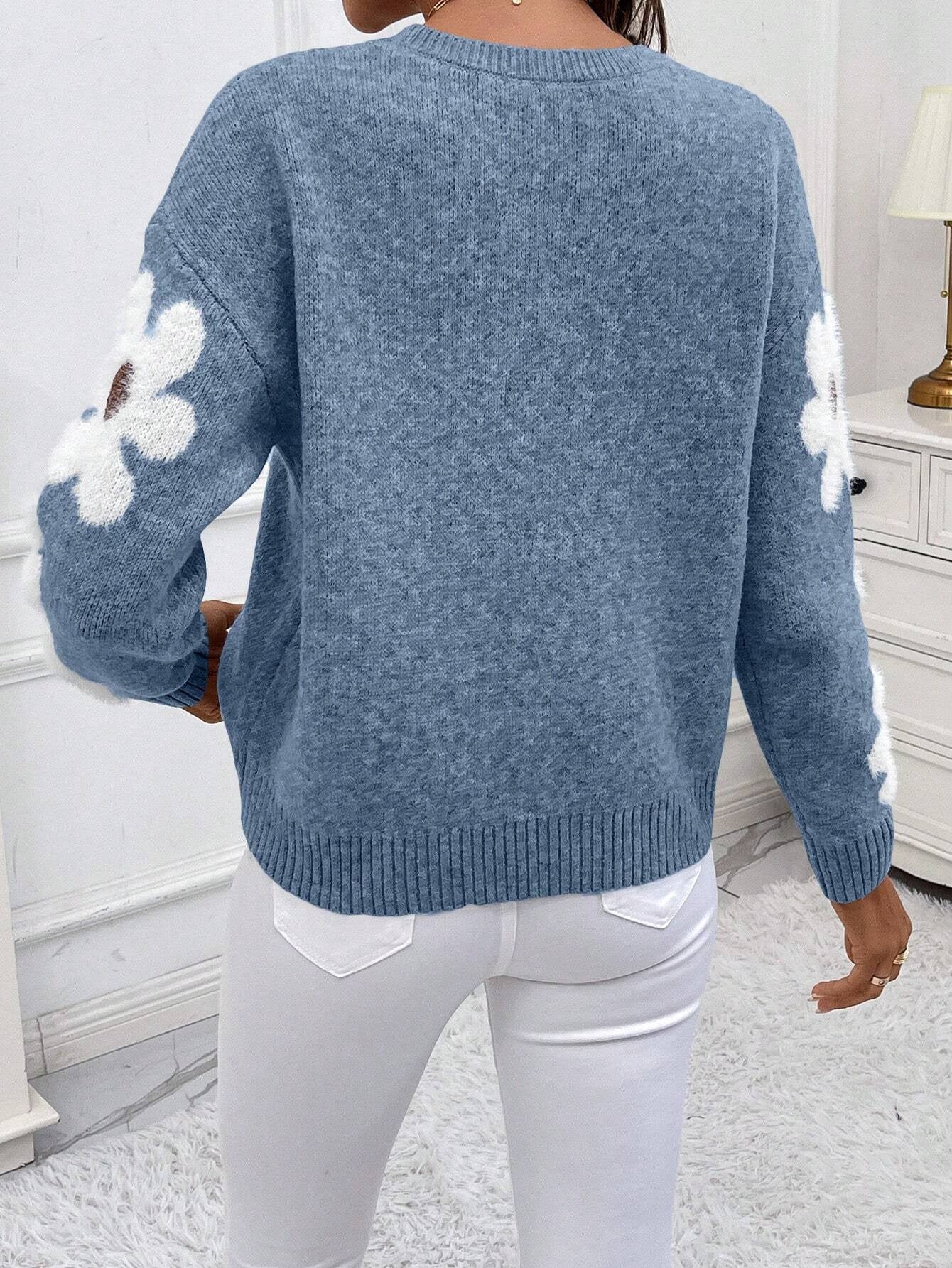 Floral Drop Shoulder Knit Sweater - Blue Daisy Pattern Polyester