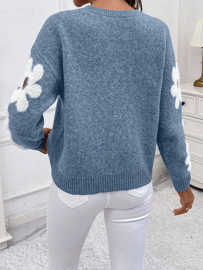 Floral Drop Shoulder Knit Sweater - Blue Daisy Pattern Polyester