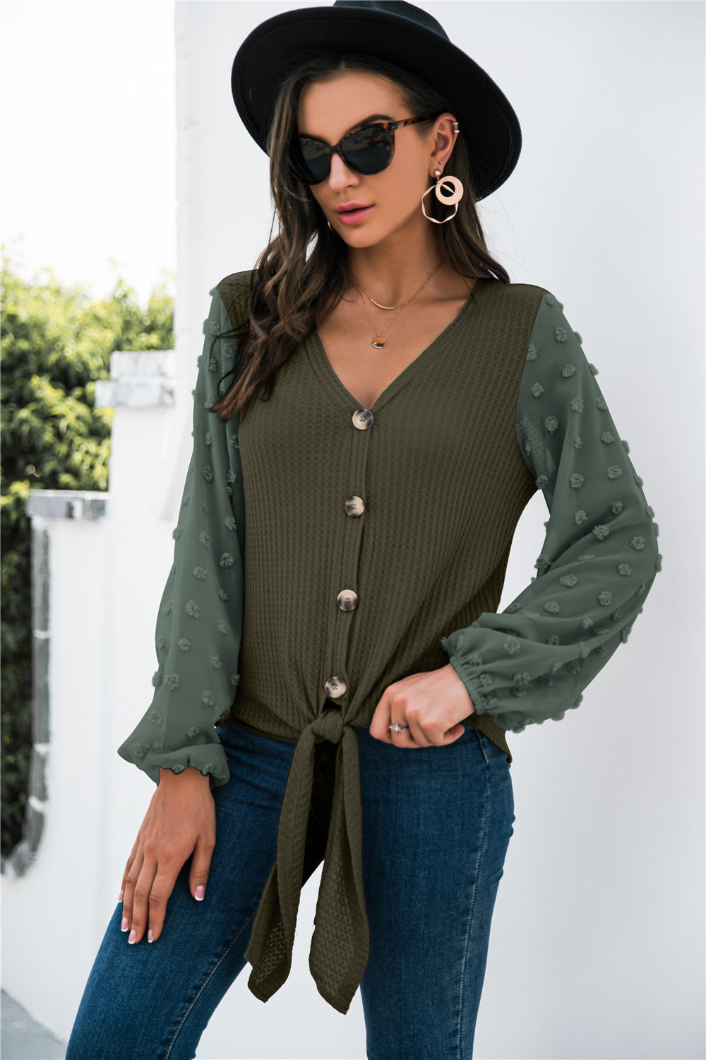 Pink tie-front puff sleeve button blouse by Alabaster, featuring a casual boho style