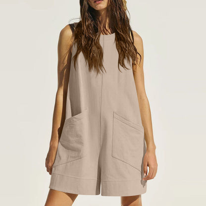 Cotton Sleeveless Pocket Jumpsuit - Loose Fit Wide Waist Romper