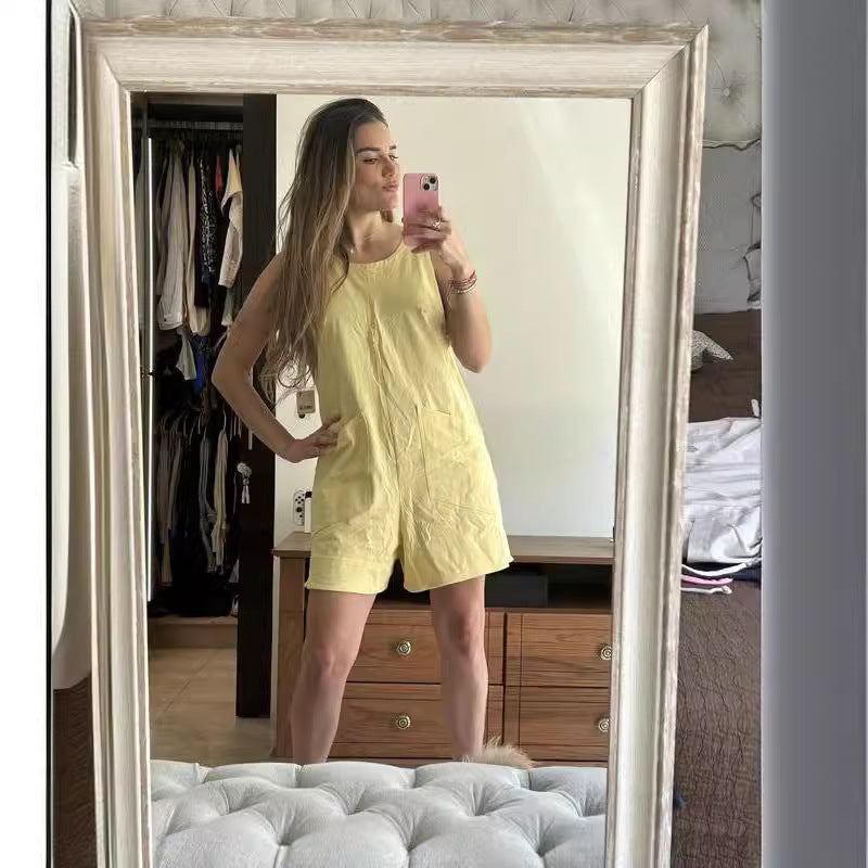 Cotton Sleeveless Pocket Jumpsuit - Loose Fit Wide Waist Romper