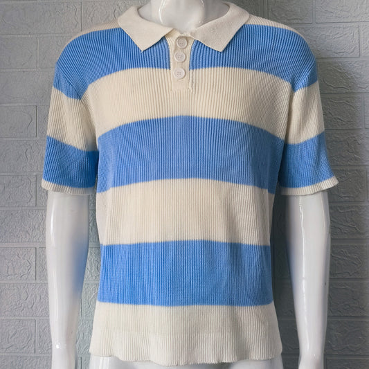 Grey striped knit polo shirt with acrylic lapel collar and short sleeves by My Store
